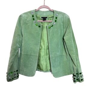 y2k Glam Womens Leather Jacket Light Green Rhinestone Colorful Statement Retro M